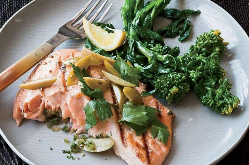 Grilled Salmon with Preserved Lemon and Green Olives by Joe Bastianich