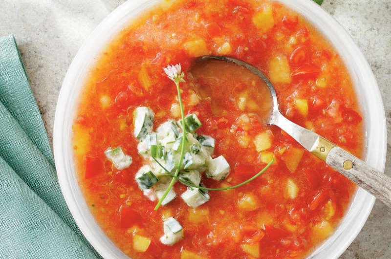 Peach-and-Tomato Gazpacho with Cucumber Yogurt