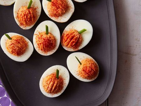 Halloween pumpkuin deviled eggs